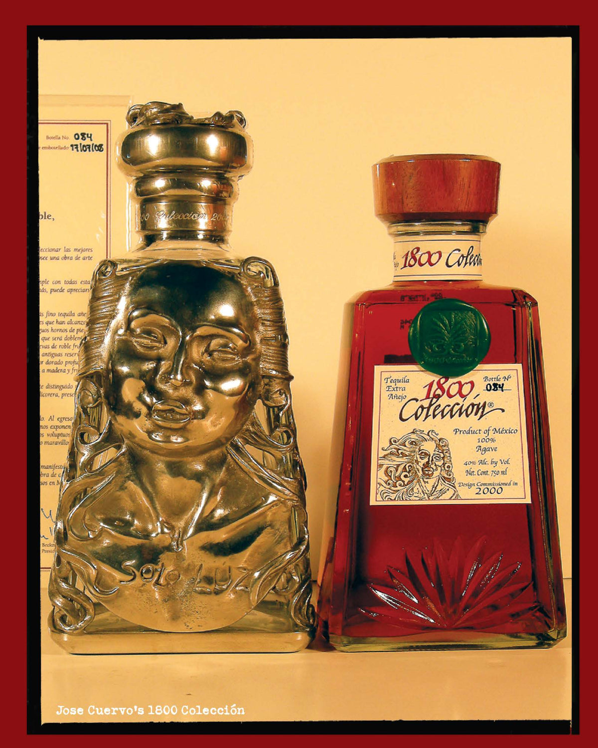 Two bottles of liquor, one gold and one red, on a beige background with text.